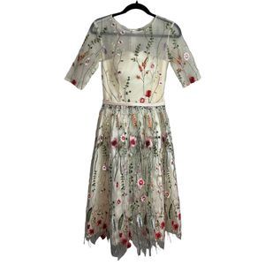 TS Couture Womens Dress Medium Ivory Embroidered Floral Gown Evening Prom